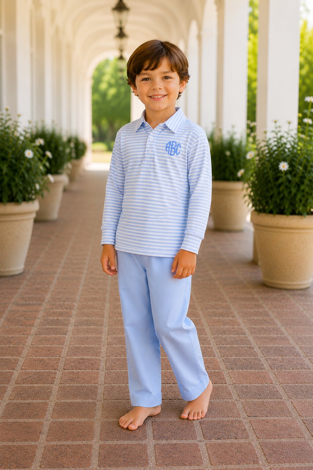 Boy in blue outfit posing standing near plants.