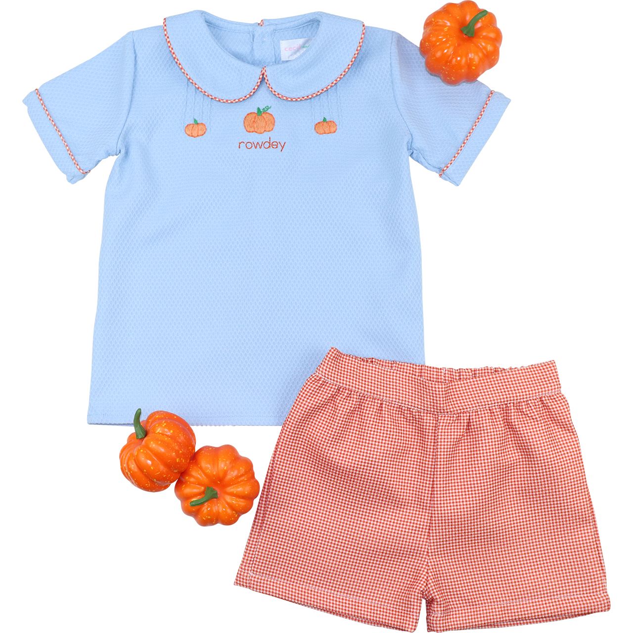 Boy outfit with blue top and orange checkered shorts, surrounded by small pumpkins on a white background.