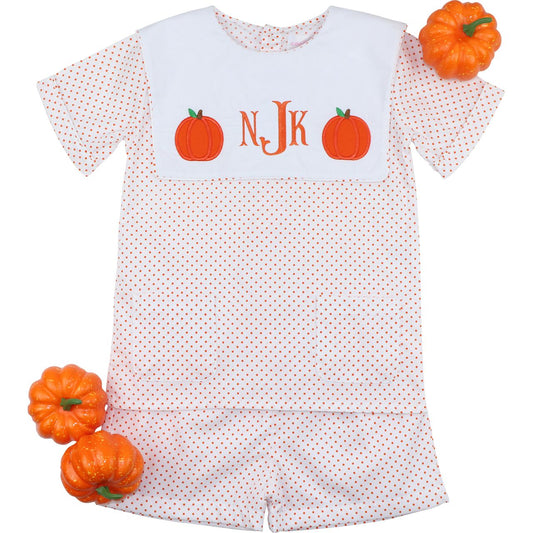 Boy outfit with pumpkin design and monogram on a white background