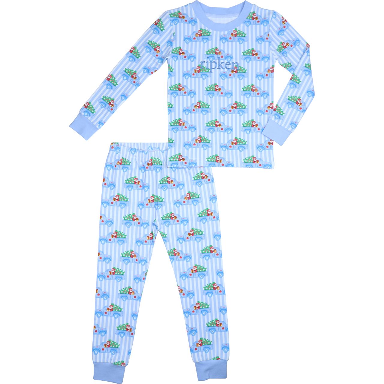Boy's Blue Striped Santa Truck Knit Pajamas
