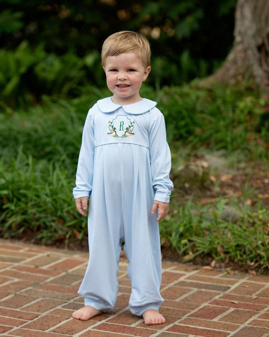 Boy wearing Blue Gingham Knit Embroidered Mallards Long Romper
