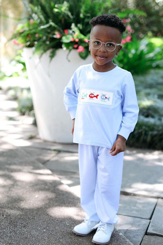 Boy wearing Blue Gingham Smocked Helicopter Ankle Pant Set
