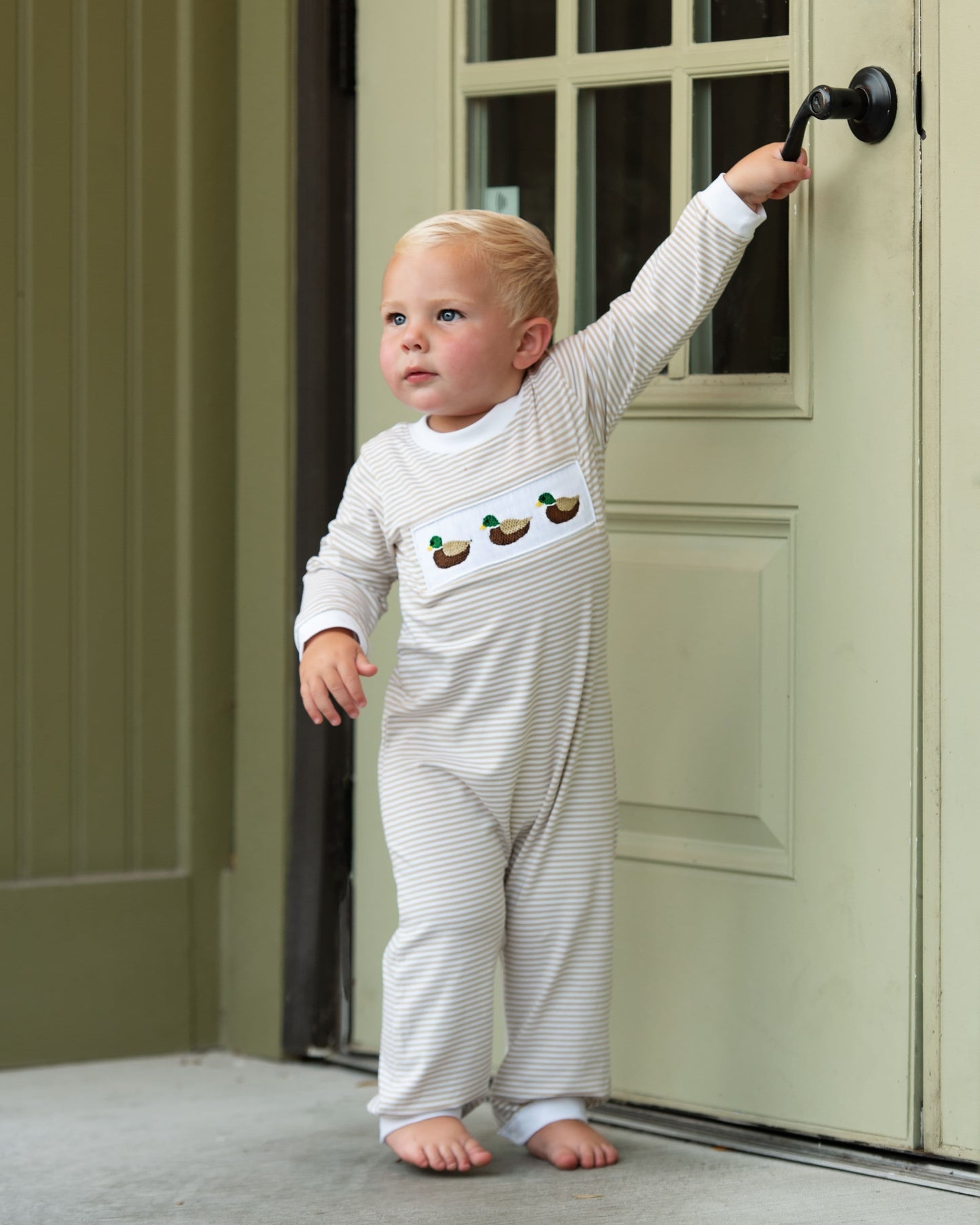 Boy wearing Khaki Stripe Knit Smocked Mallard Long Romper