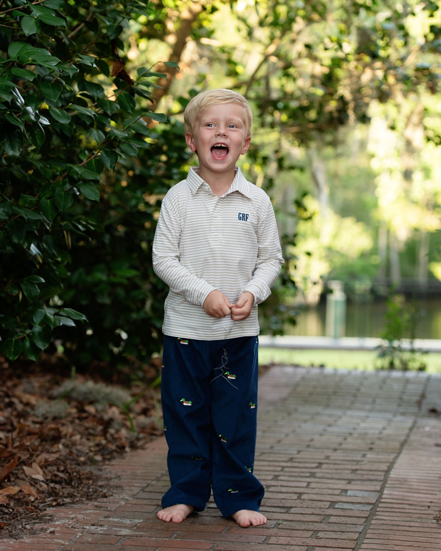 Boy wearing Navy Corduroy Embroidered Mallards Polo Pant Set
