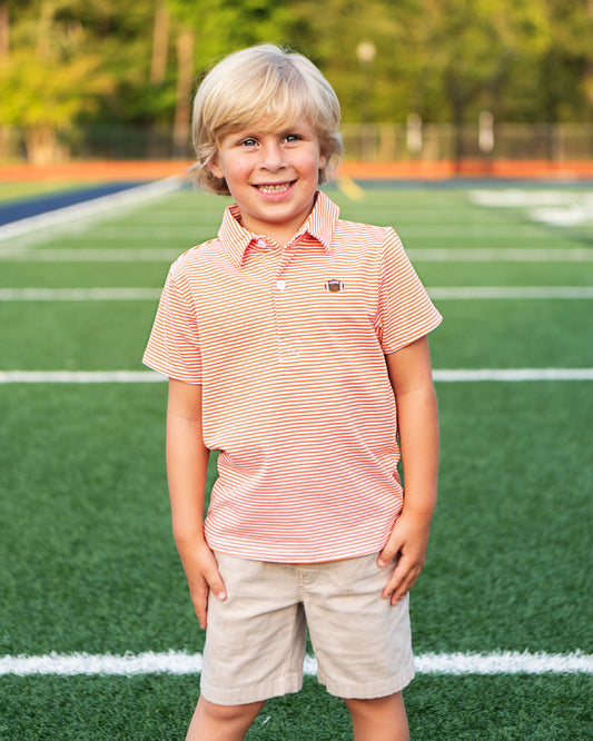 Boy wearing Orange Striped Knit Embroidered Football Polo Shirt