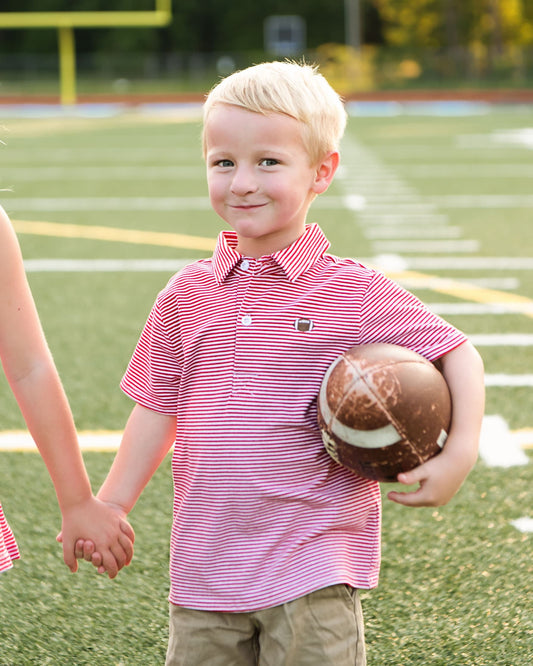 Boy wearing Red Striped Knit Embroidered Football Polo Shirt