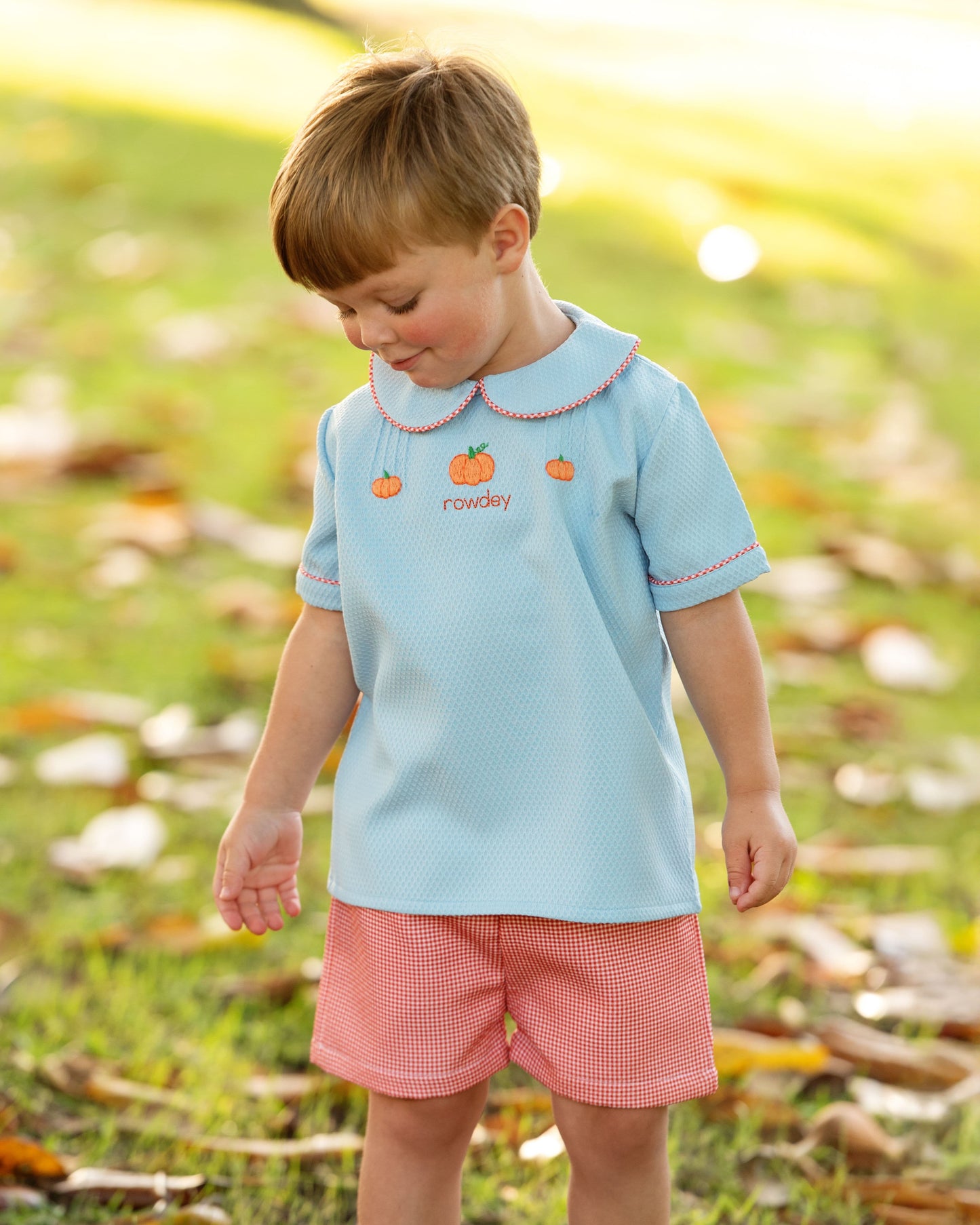 Boy wearing a light blue shirt with pumpkin designs and orange shorts standing in a grassy field.