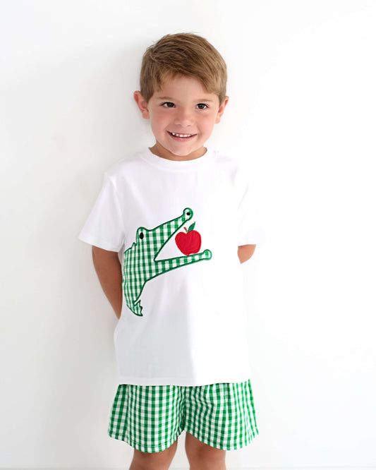 Boy wearing green gingham shorts and a shirt with an alligator and an apple.