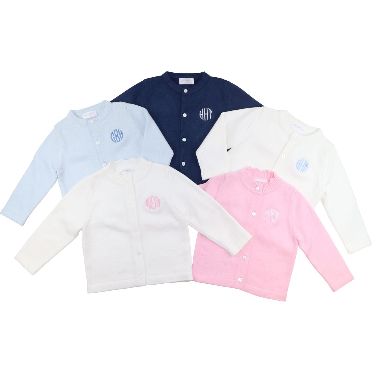 Five long-sleeve shirts in different colors with embroidered logos on a white background