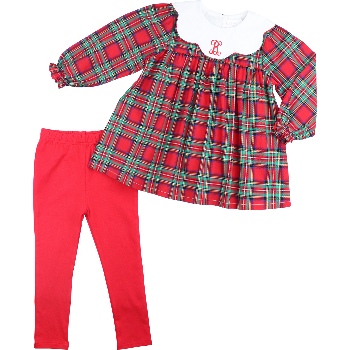 Red Christmas Plaid Scalloped Collar Legging Set