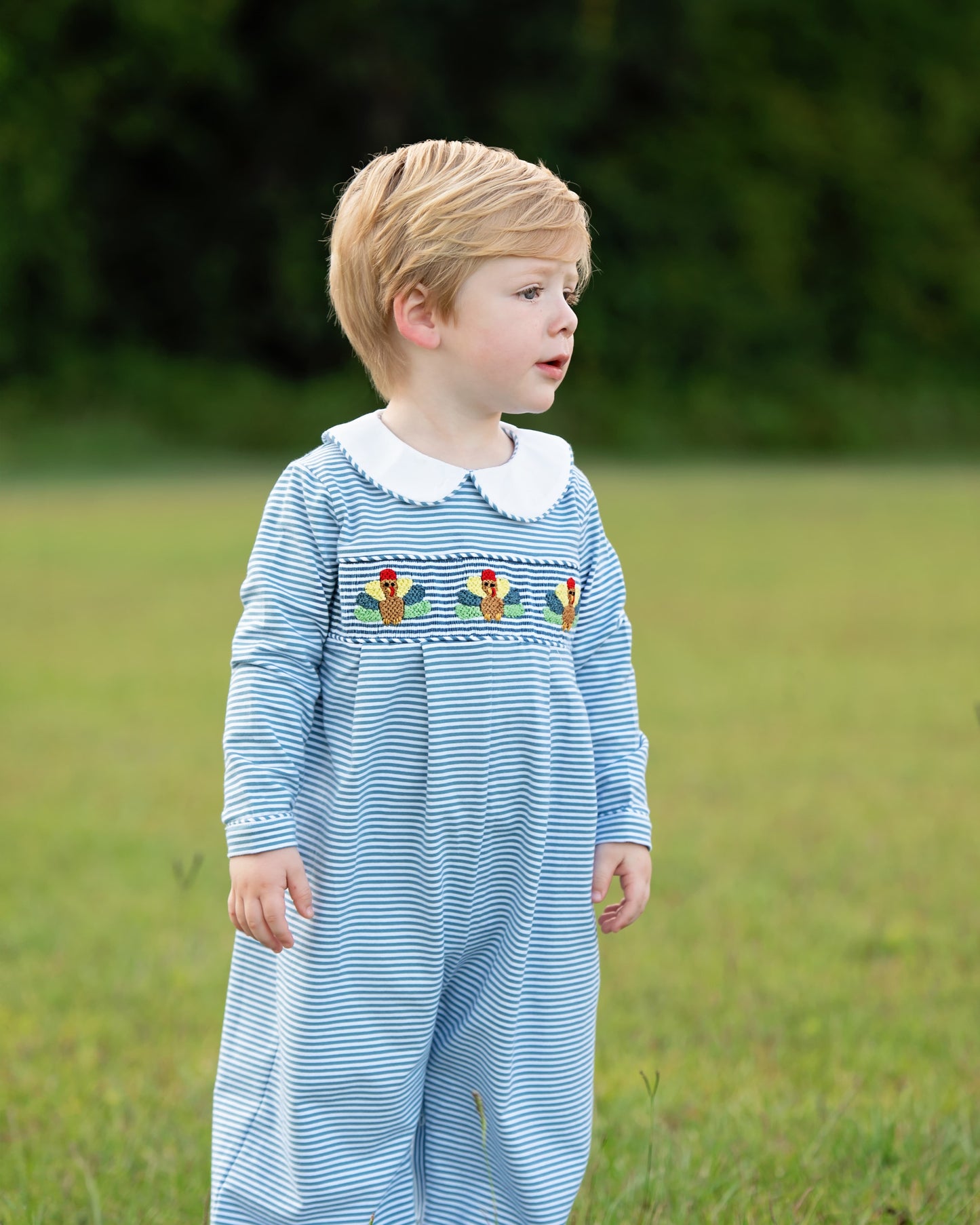 Child wearing a blue striped long romper with turkey in a grassy field 1
