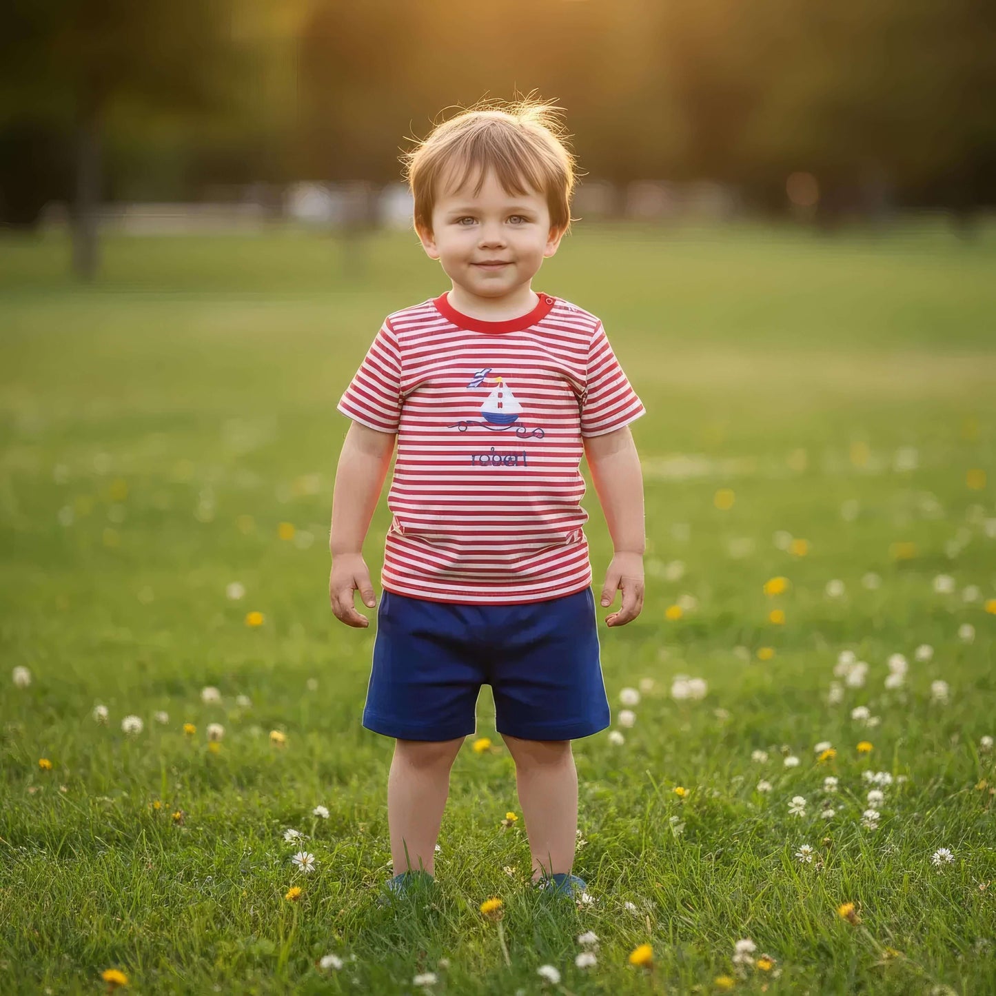 Child wearing a red and white striped shirt and blue shorts standing in a grassy field with flowers.