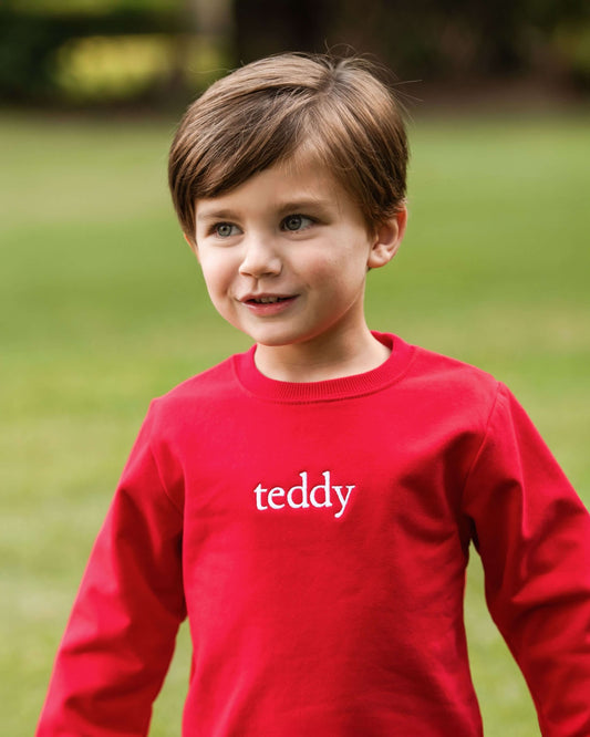 Child wearing a red shirt with 'teddy' on it, standing outdoors.