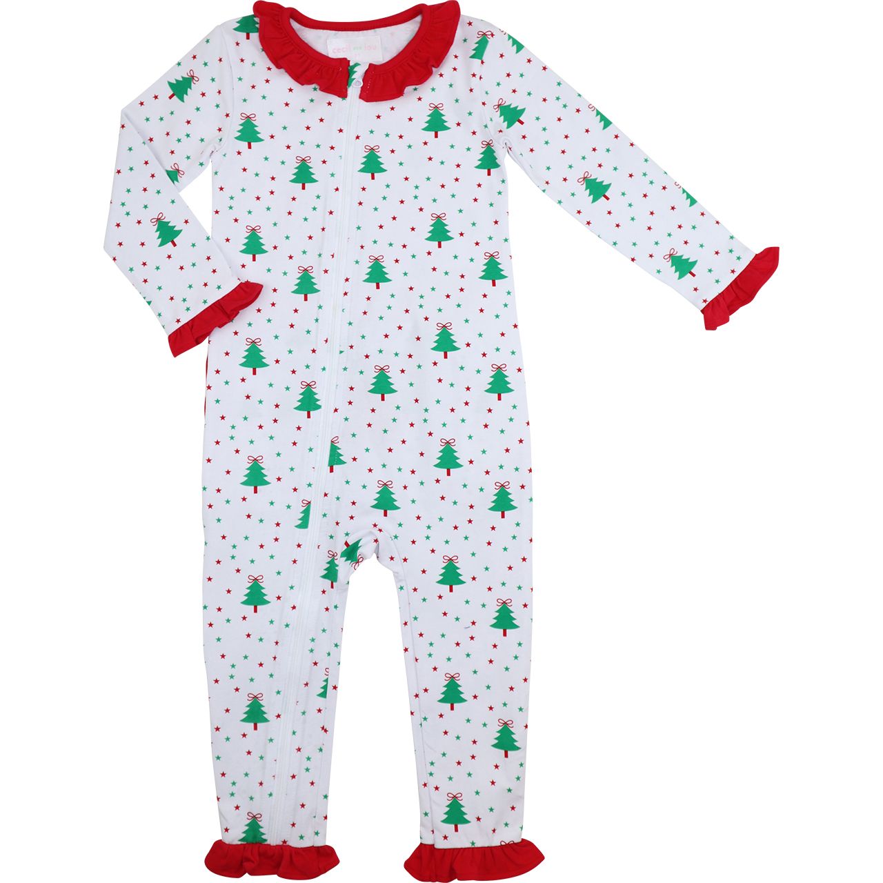 Children's Christmas-themed onesie with tree and star pattern on a white background
