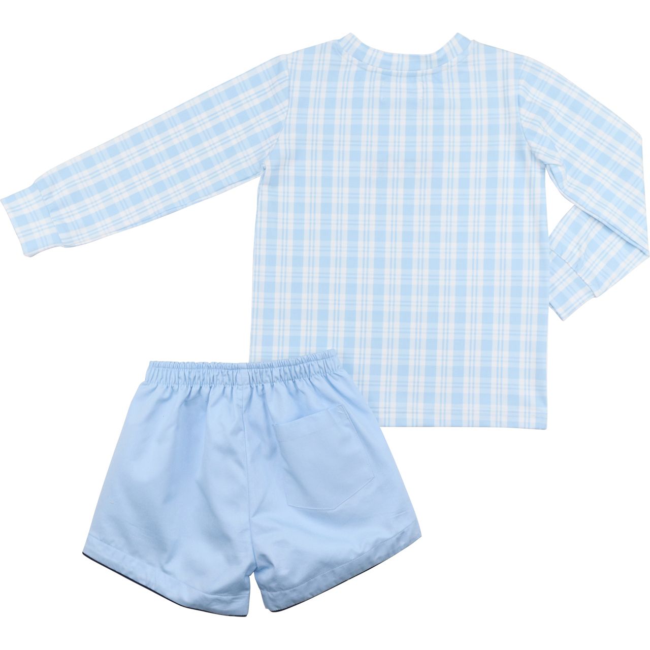 Children's blue checkered shirt and shorts set on a white background