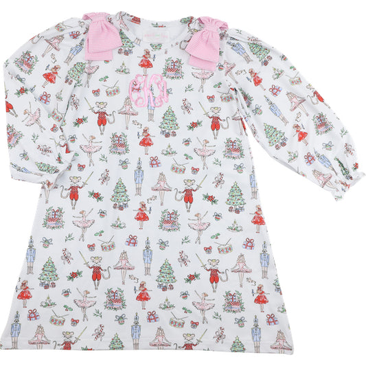 Children's dress with festive holiday pattern with bows on a white background