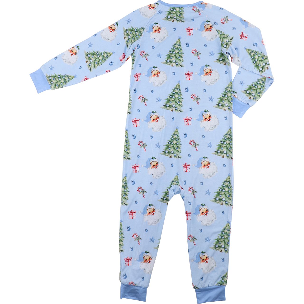 Children's onesie with Christmas tree and snowman pattern on a light blue background