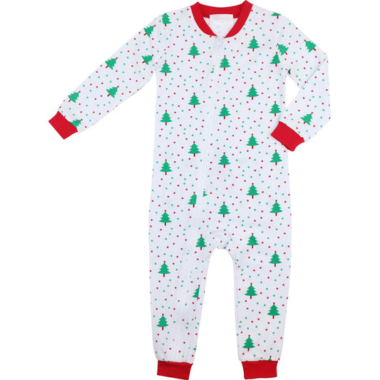 Children's onesie with Christmas tree pattern on a white background