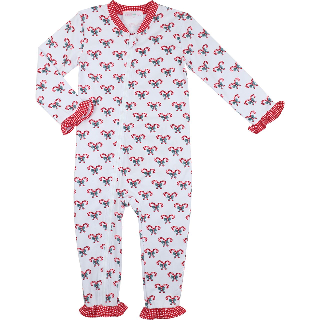 Children's onesie with candy cane and bow pattern on a white background