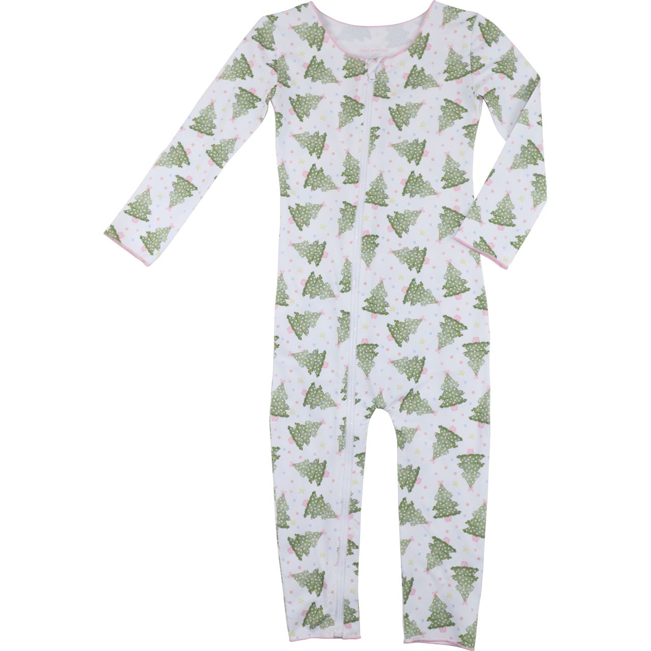 Children's onesie with green tree pattern on a white background