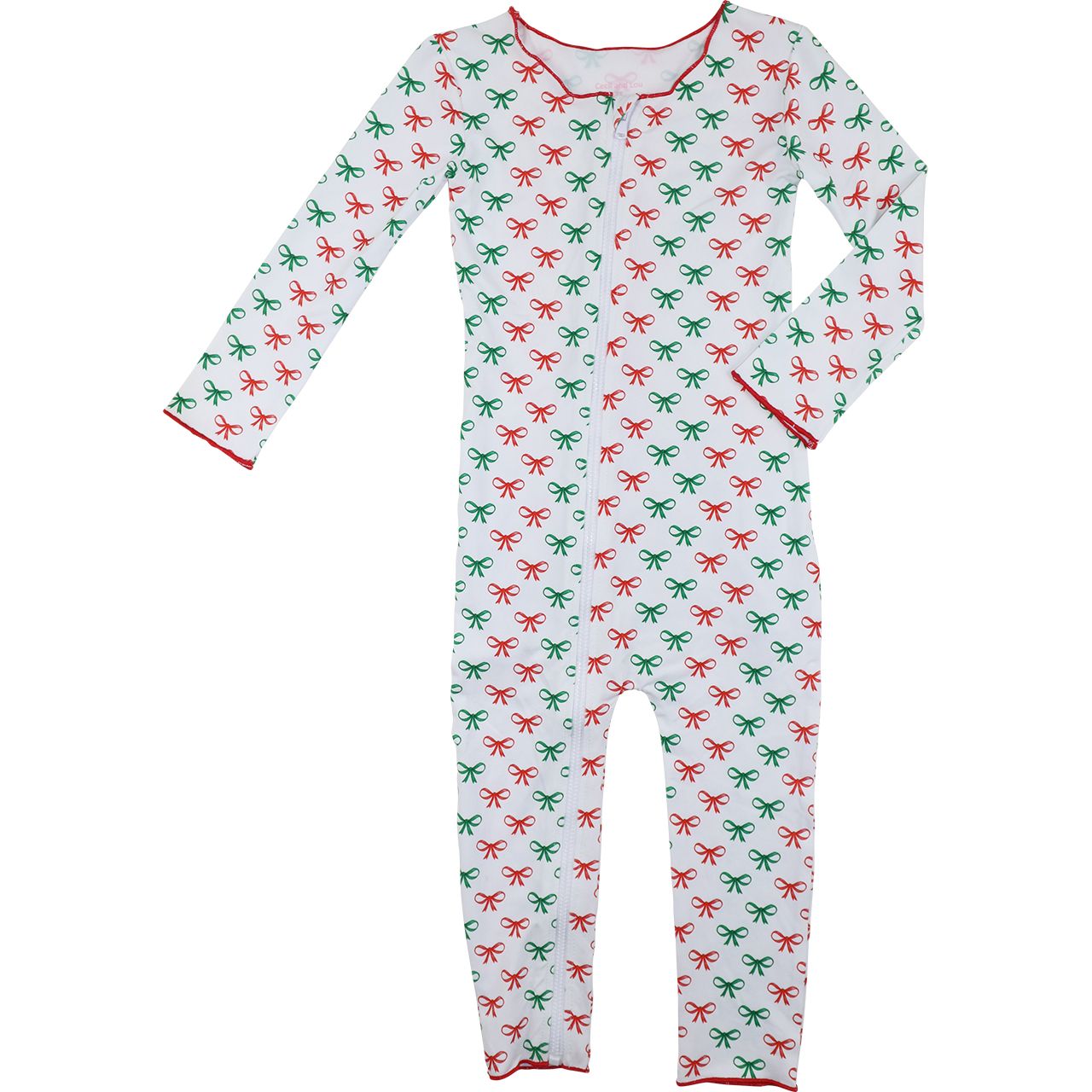 Children's onesie with red and green bow pattern on a white background