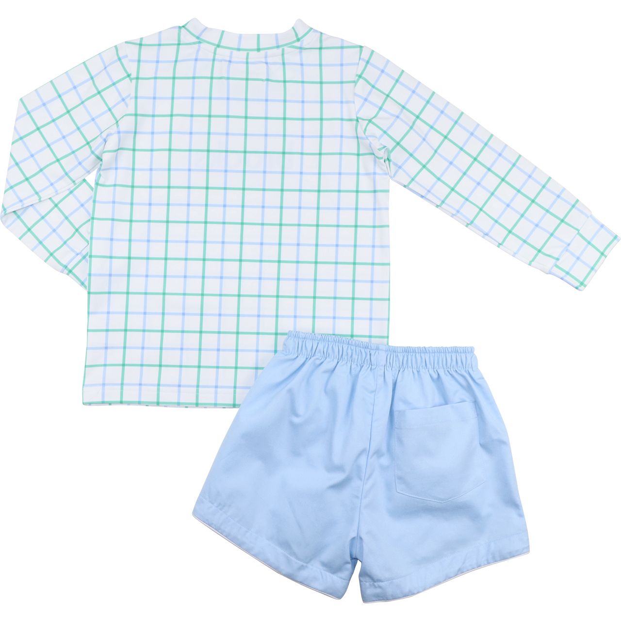 Children's outfit with checkered shirt and blue shorts on a white background