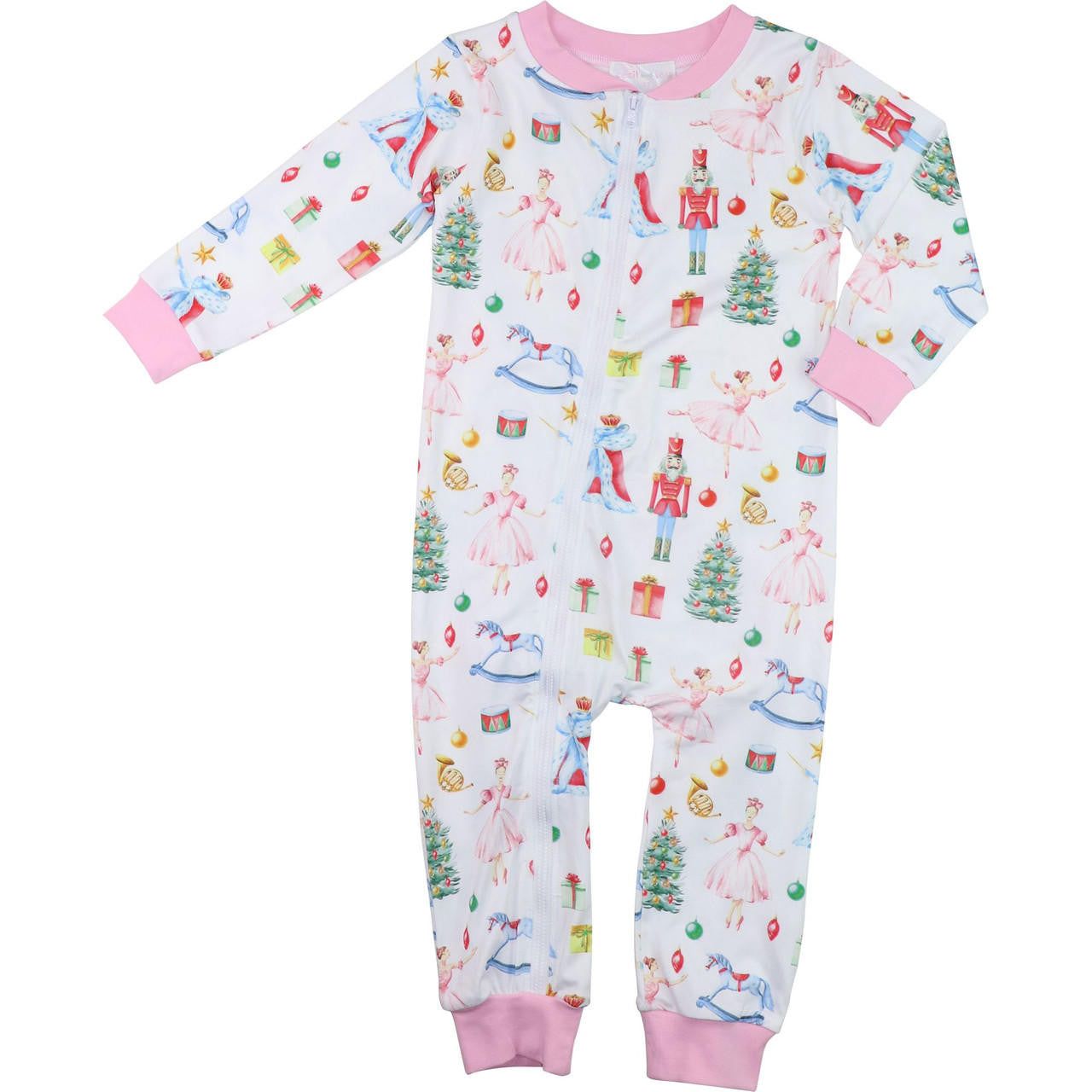 Children's pajama onesie with Christmas-themed pattern on a white background