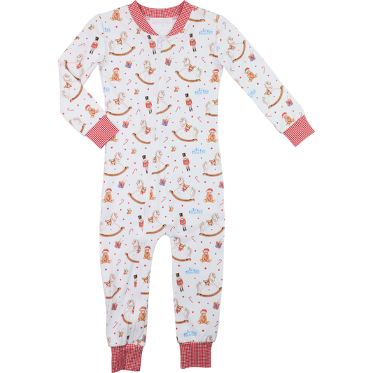 Children's pajama set with a pattern of cartoon characters on a white background