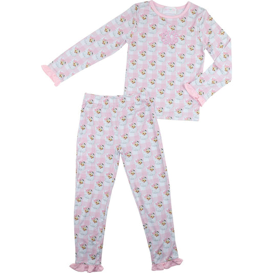 Children's pajama set with pink and white pattern and Santa faces on a white background