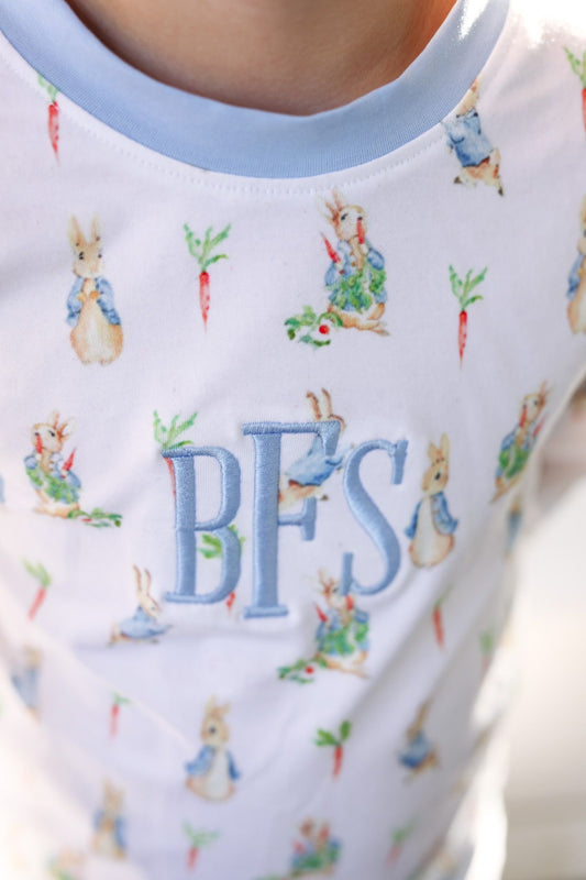 Children's pajama top with Peter Rabbit design and 'BF'S' monogram.