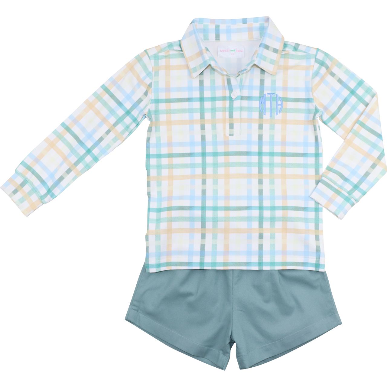 Children's plaid shirt and shorts set on a white background