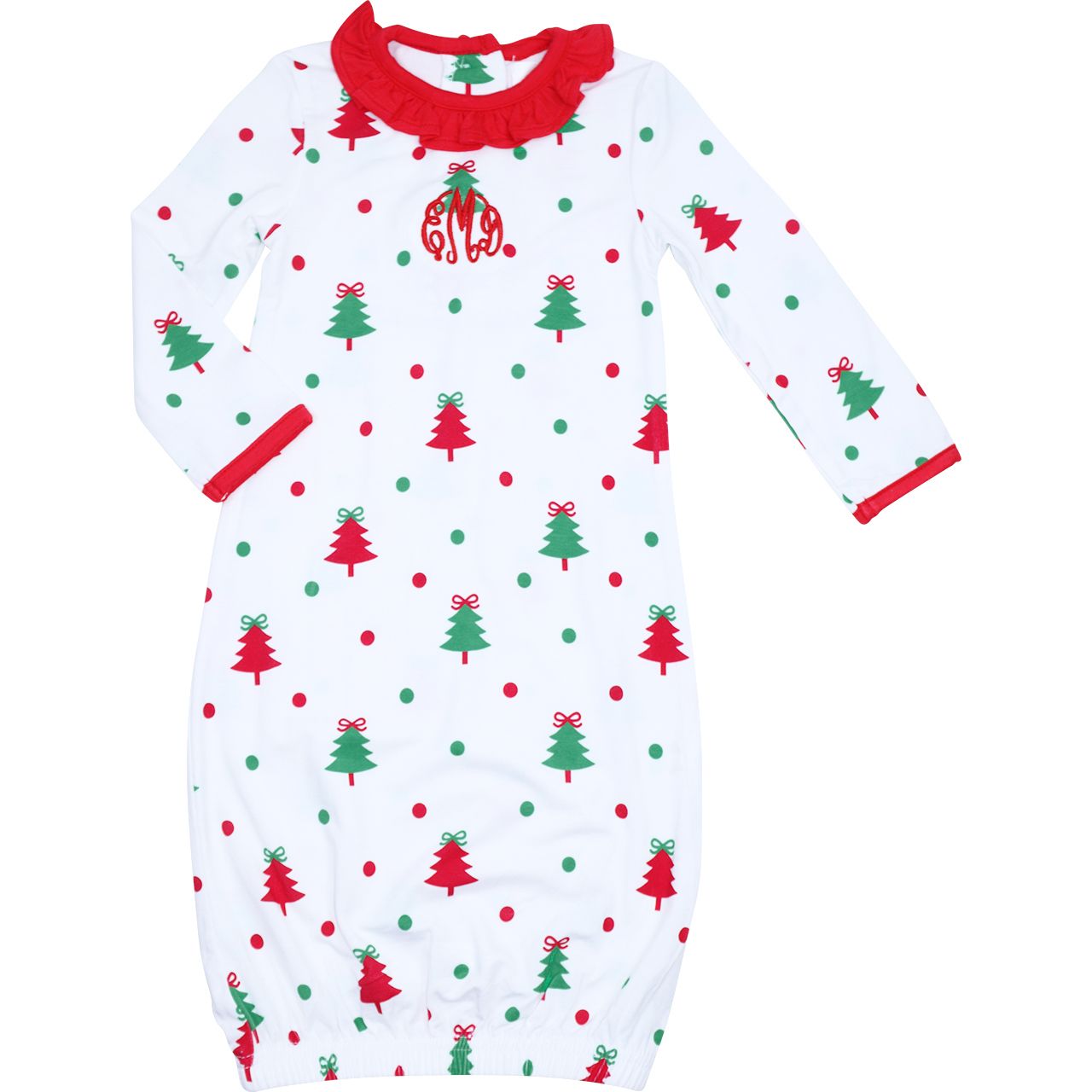 Personalized Christmas tree ruffle baby gown with red neckline and monogram detail