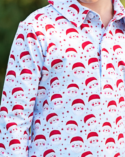 Close-up of a shirt with a red and white pattern on a light blue background 1