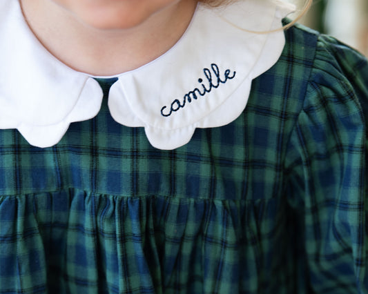 Close up Green And Navy Plaid Scalloped Collar Bubble