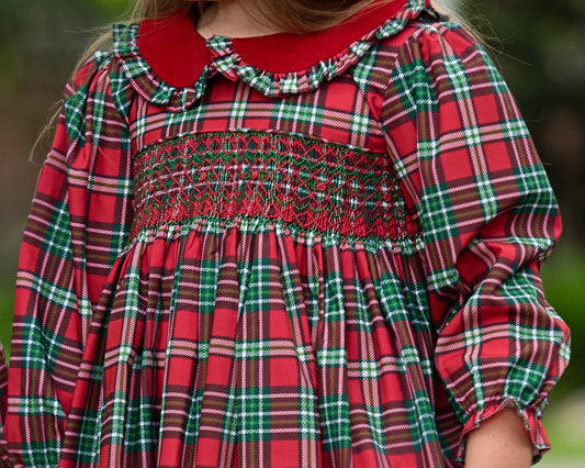Close up of a Smocked Christmas Plaid Dress