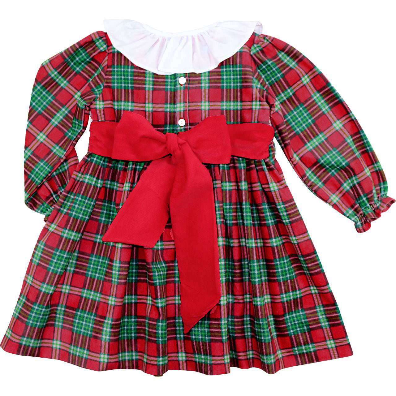 Red and green plaid dress with a large red bow on a white background