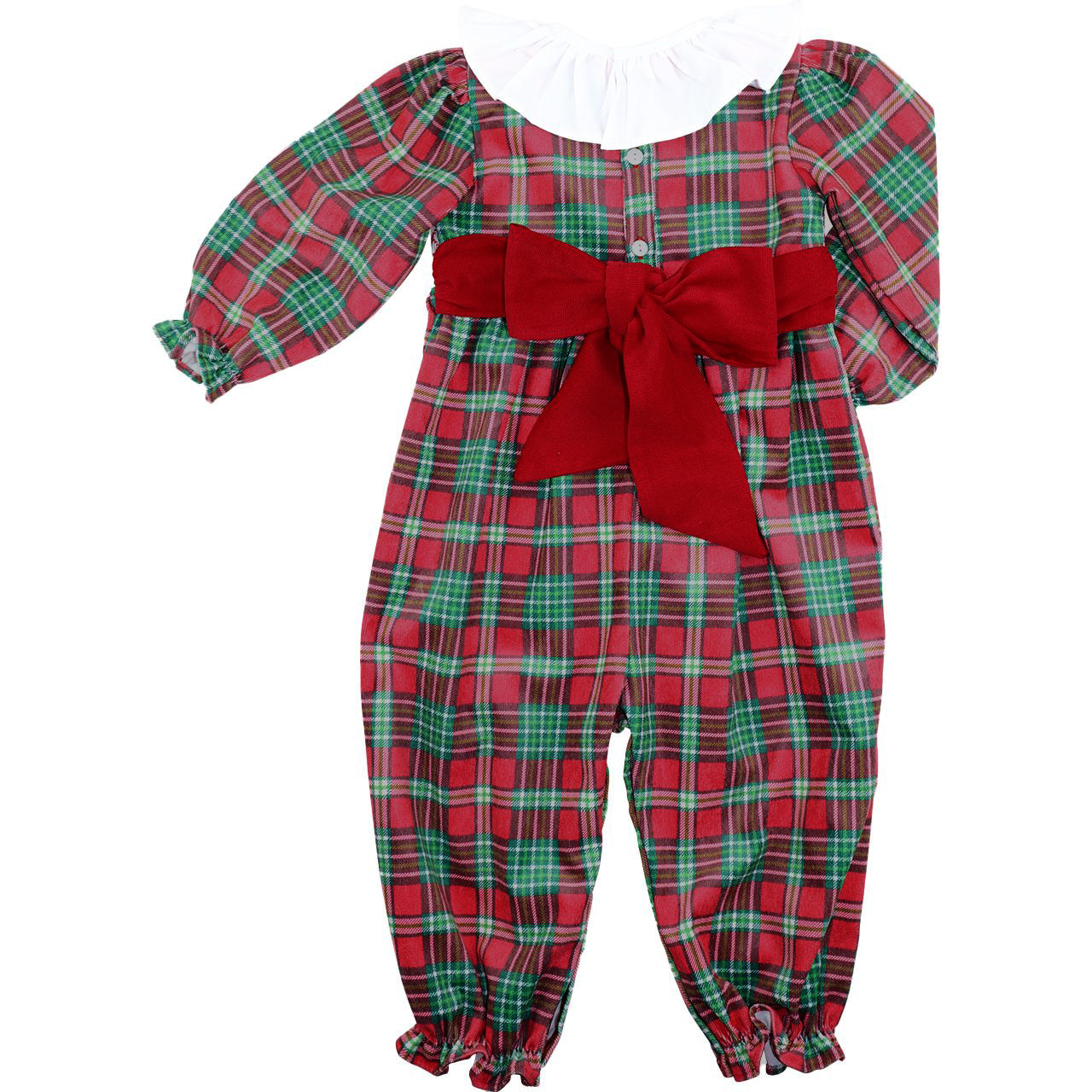 Red and green plaid baby outfit with a large red bow on a white background
