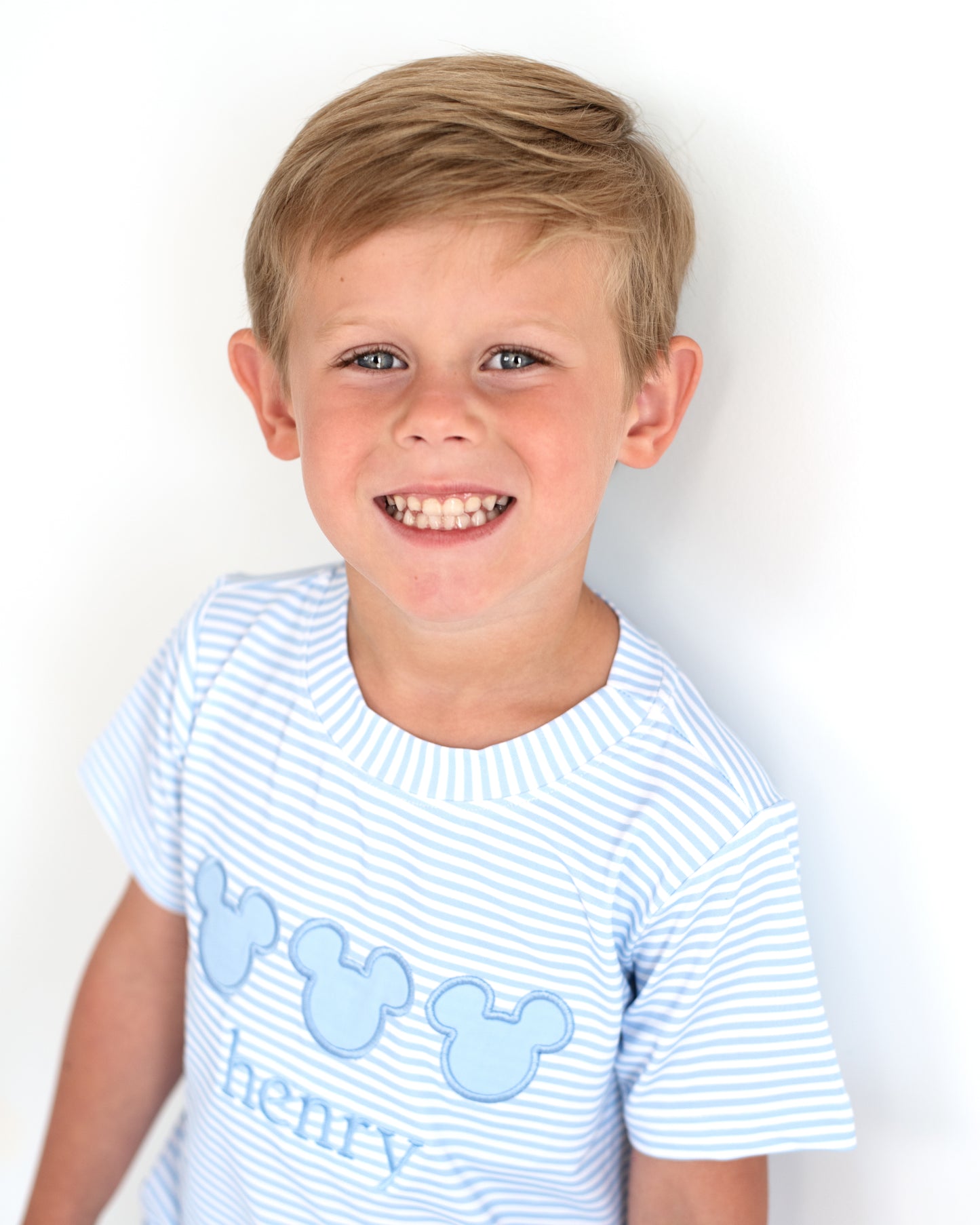 Blue Knit Stripe Mouse Ears Short Set