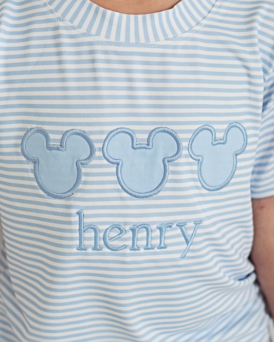 Blue Knit Stripe Mouse Ears Short Set