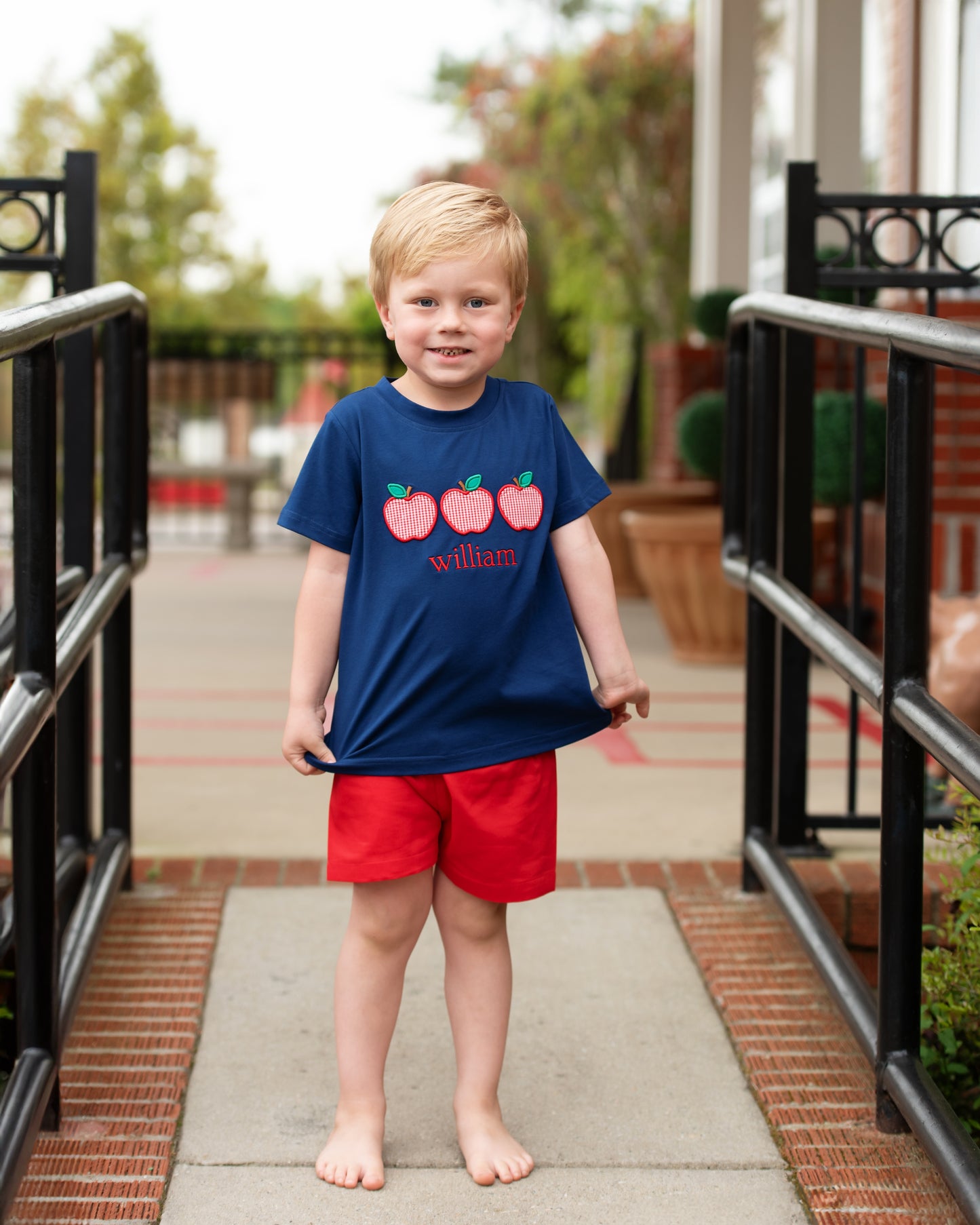 Navy And Red Applique Apples Short Set