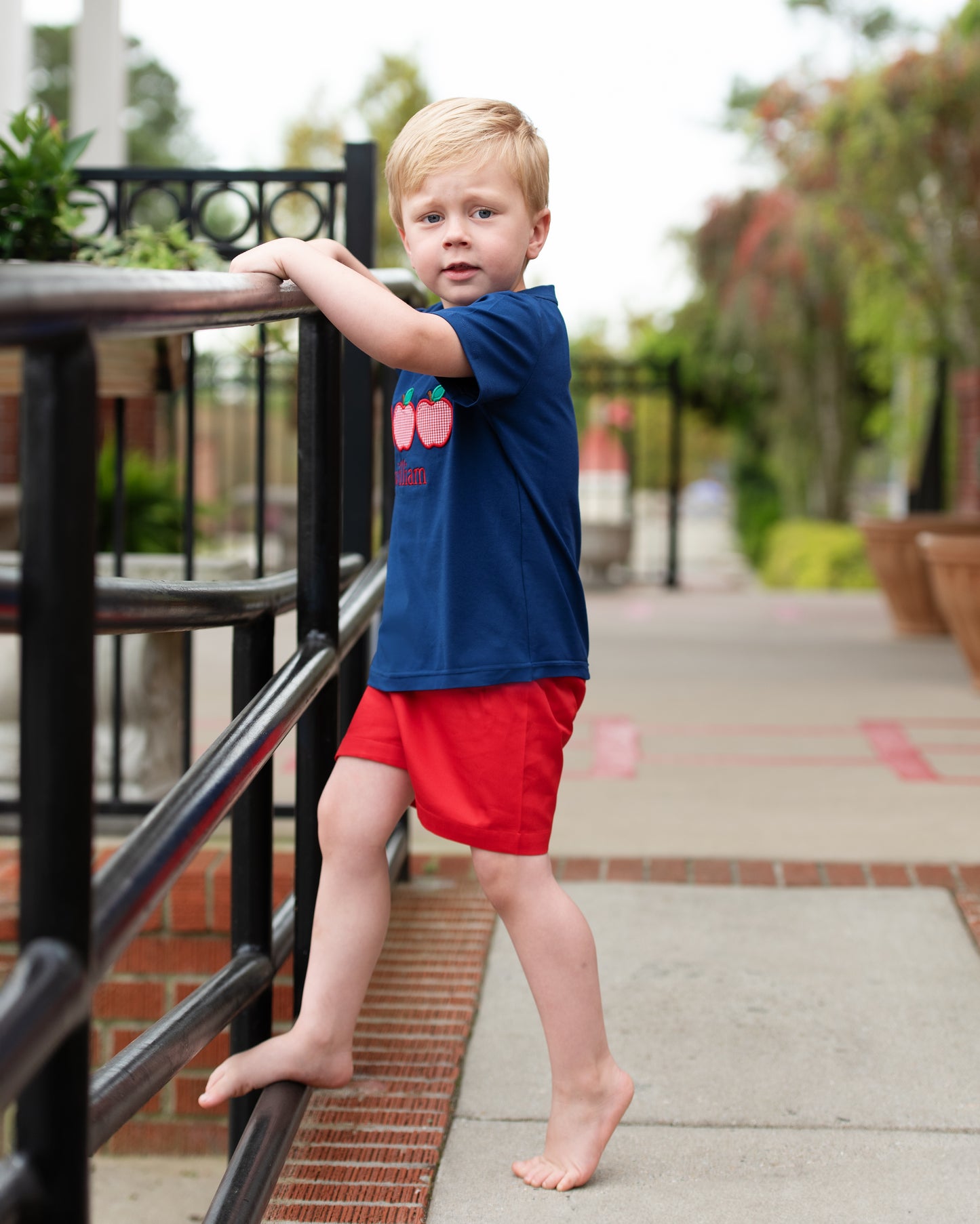 Navy And Red Applique Apples Short Set
