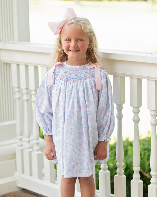 Pink And Blue Smocked Christmas Tree And Bow Dress