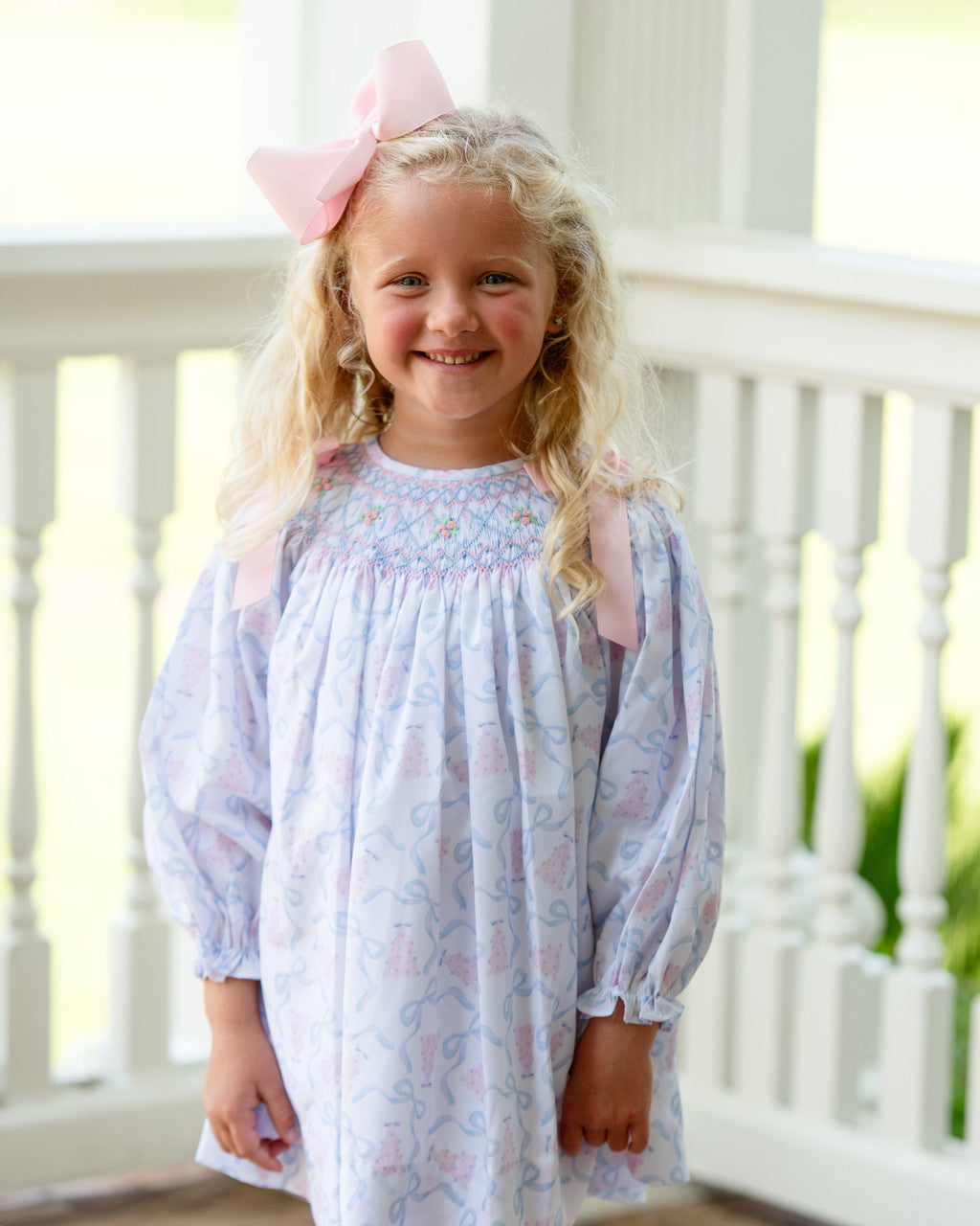 Pink And Blue Smocked Christmas Tree And Bow Dress