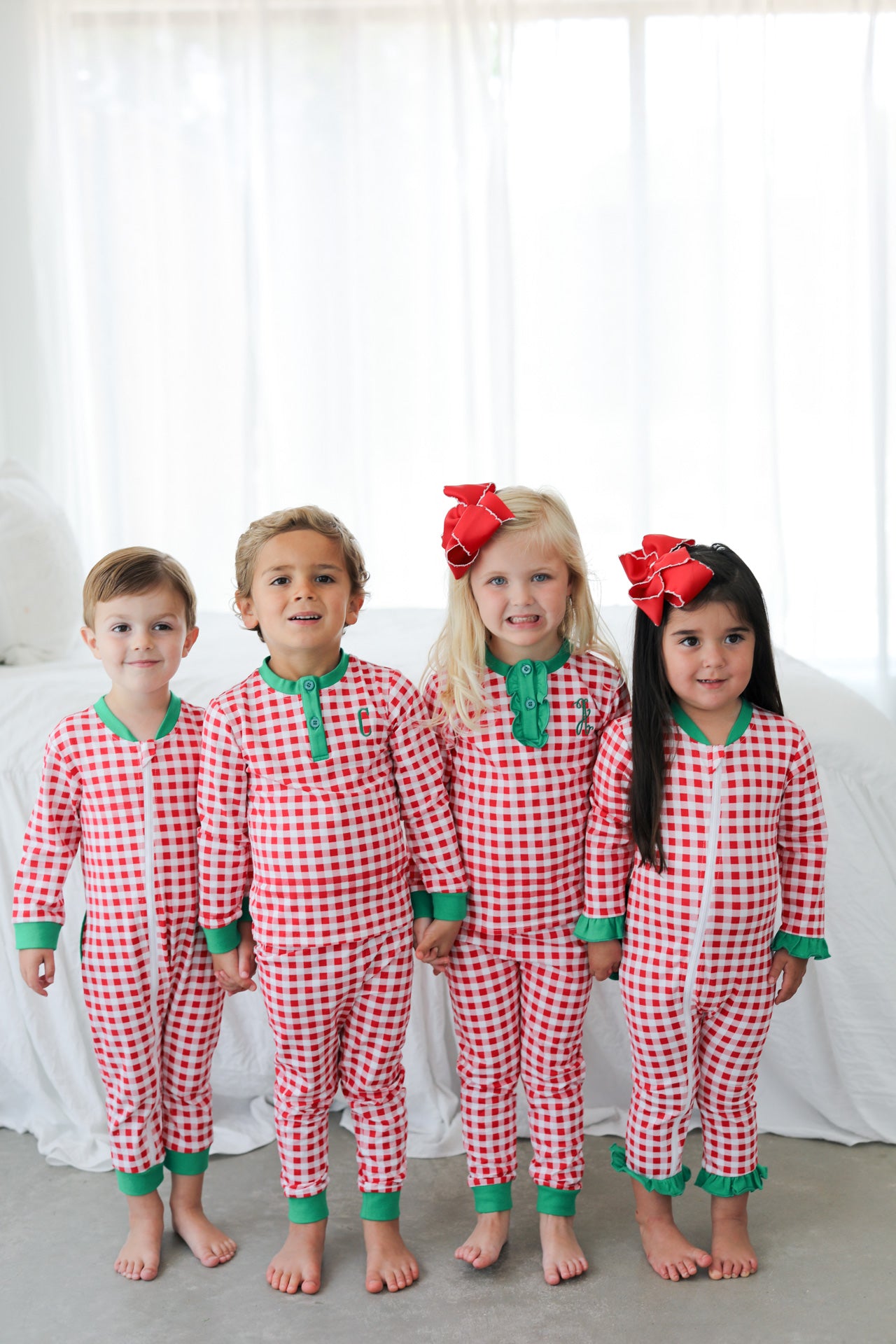 Red And Green Check Ruffle Knit Zipper Pajamas
