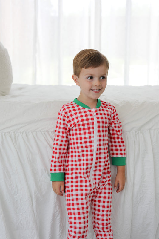 Red And Green Check Knit Zipper Pajamas