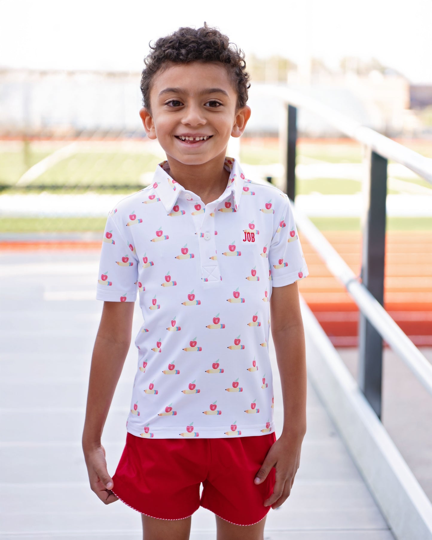 Red Apple And Pencil Polo Short Set