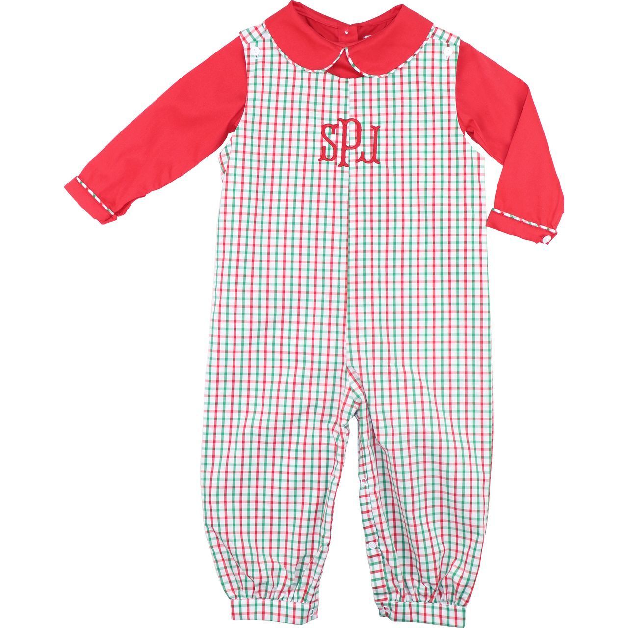 Red And Green Windowpane Long Romper Set