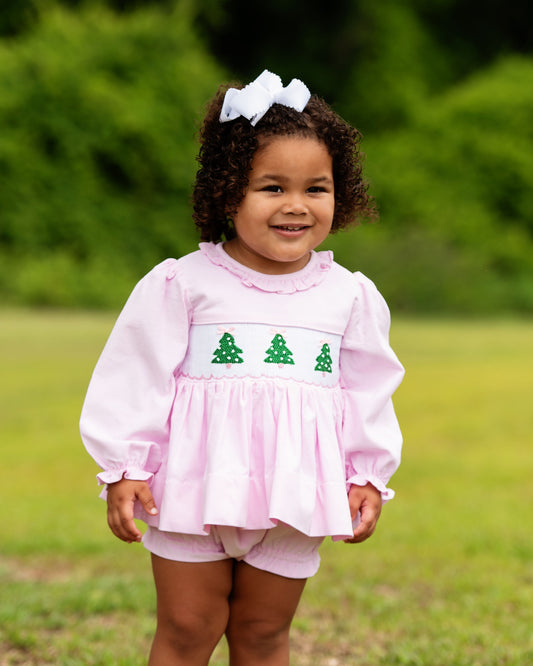 Pink Corduroy Smocked Christmas Trees Diaper Set
