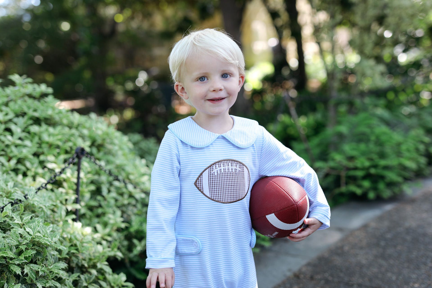 Blue Stripe Knit Applique Football Long Romper