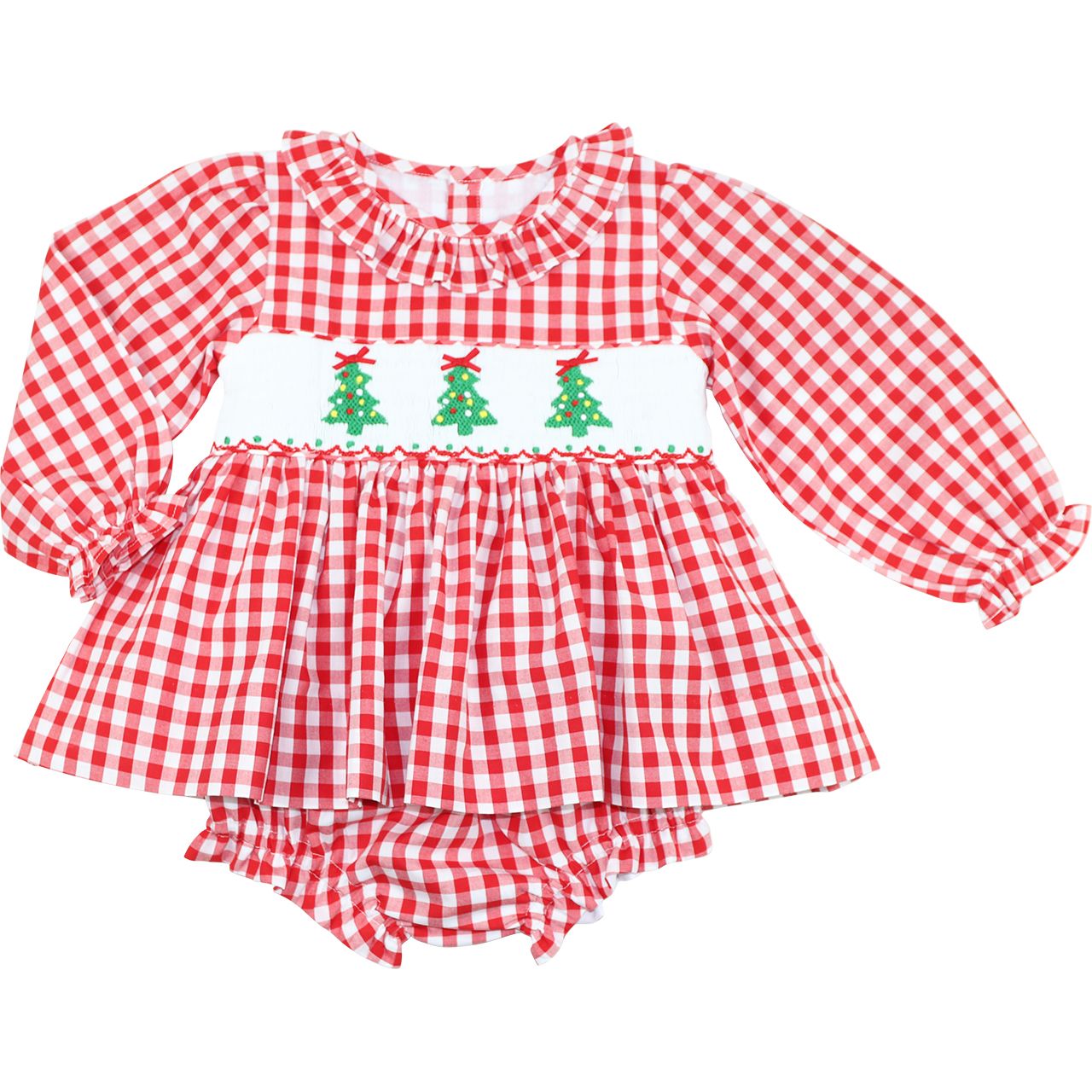 Red Check Smocked Christmas Tree Diaper Set